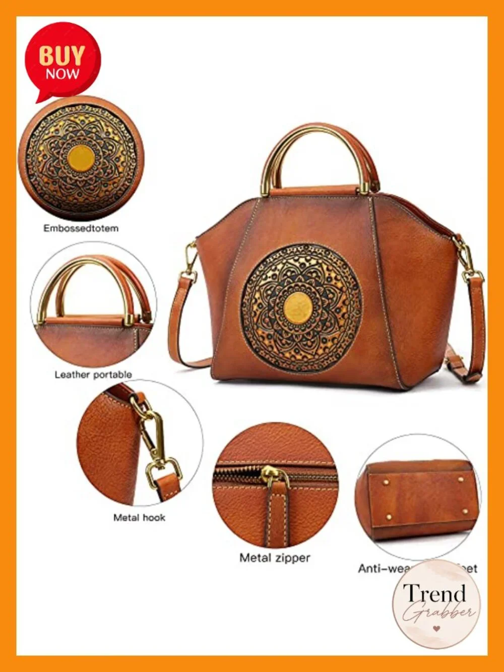 Genuine Leather Embossed Totem Satchel Handbag Top Handle Crossbody Bag